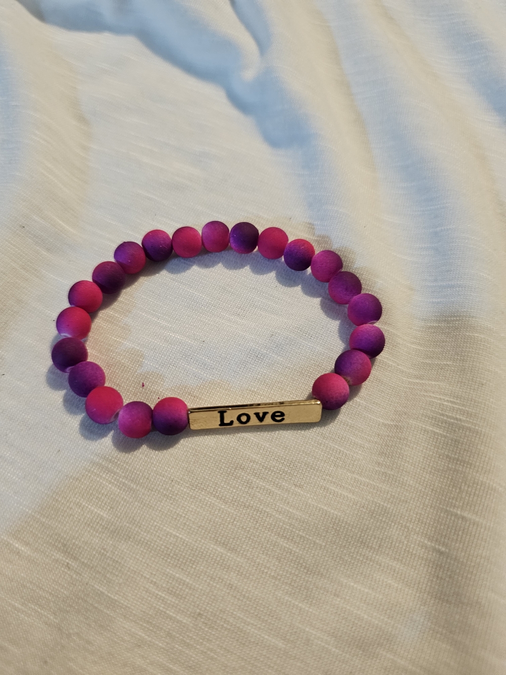 Gold 'Love' Bar Stretch Bracelet with Pink and Purple Beads